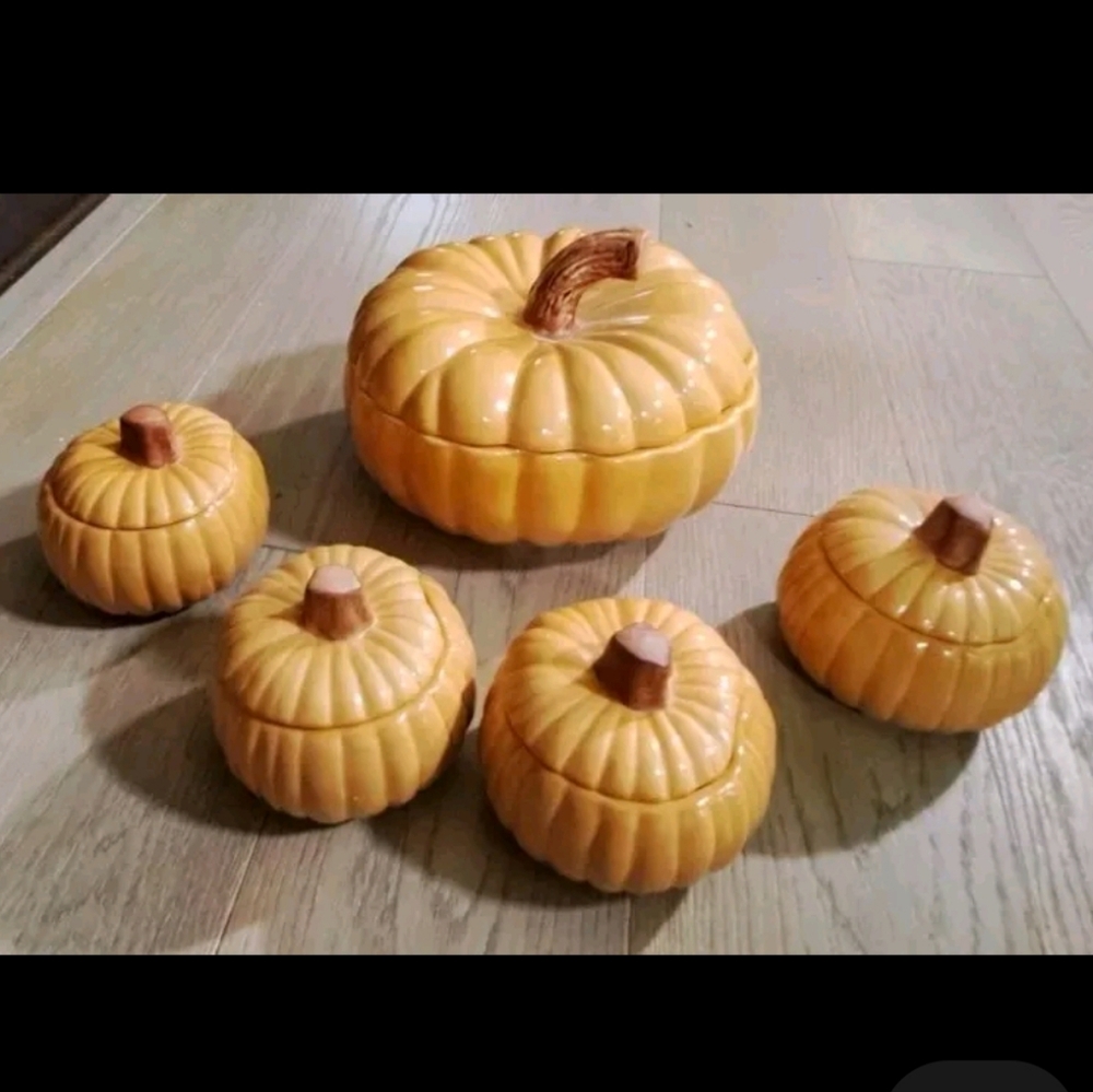 Vtg  Mint Condition Williams-Sonoma Autum Harvest Pumpkin Tureen & 4 Soup Bowls